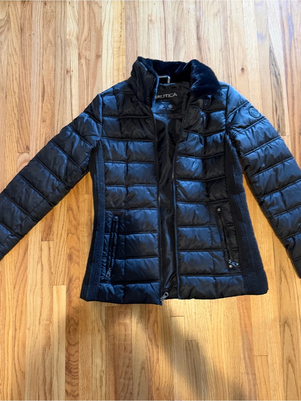 Nautica Women's Black Quilted Puffer with Knit Side Panels